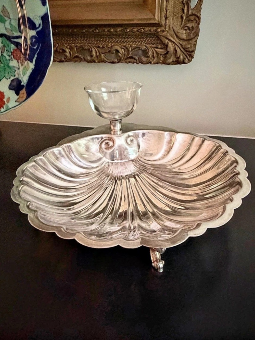 Sheridan Silverplate Clamshell Seafood Footed Serving Dish with Glass Cup